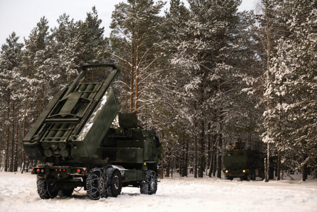 U.S. Army Staff Sgt. Kenneth Stewart, a section chief assigned to Task Force Pergale, Bravo Battery, 1st Battalion, 14th Field Artillery Regiment, 41st Field Artillery Brigade, ensures proper positioning of the launchers on the M142 High Mobility Artillery Rocket System (HIMARS) while conducting training with the Lithuanian Armed Forces, Jan. 13, 2026, on General Silvestras Žukauskas Training Area, Pabradė, Lithuania. As part of the Army's HIMARS initiative, the ongoing training reinforced NATO's collective defense posture by improving interoperability and integration of highly mobile, long-range precision fires. (U.S. Army photo by Capt. Regina Koesters)
