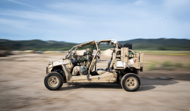An MRZR Alpha light tactical all-terrain vehicle, assigned to the 621st Contingency Response Wing, California, drives through Schoonover Air Field at U.S. Army Fort Hunter-Liggett, California, during a joint field training exercise May 6, 2023. Exercise Storm Crow is a readiness exercise apart of a larger scale exercise, Golden Phoenix,  hosted by Travis Air Force Base with full spectrum support from partner units to include the 621st Contingency Response Wing, Joint Base McGuire Dix Lakehurst, New Jersey, the 349th Air Mobility Reserve Wing Travis AFB, California and the First Marine Expeditionary Force, Camp Pendleton, California. The purpose of the exercise is to demonstrate the combined ability to rapidly generate and project air power leveraging mobility platforms such as the C-5 Galaxy, C-17 Globemaster III and KC-10 Extender. (U.S. Air Force photo by Tech. Sgt. Dennis Hoffman)